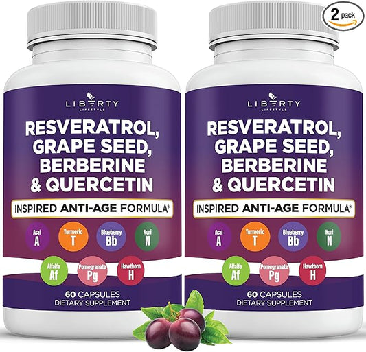 Resveratrol, Berberine, Grape Seed Extract, Quercetin, Polyphenol Supplement for Women and Men with Noni Extract, N-Acetyl Cysteine, Acai Extract - 2-Pack