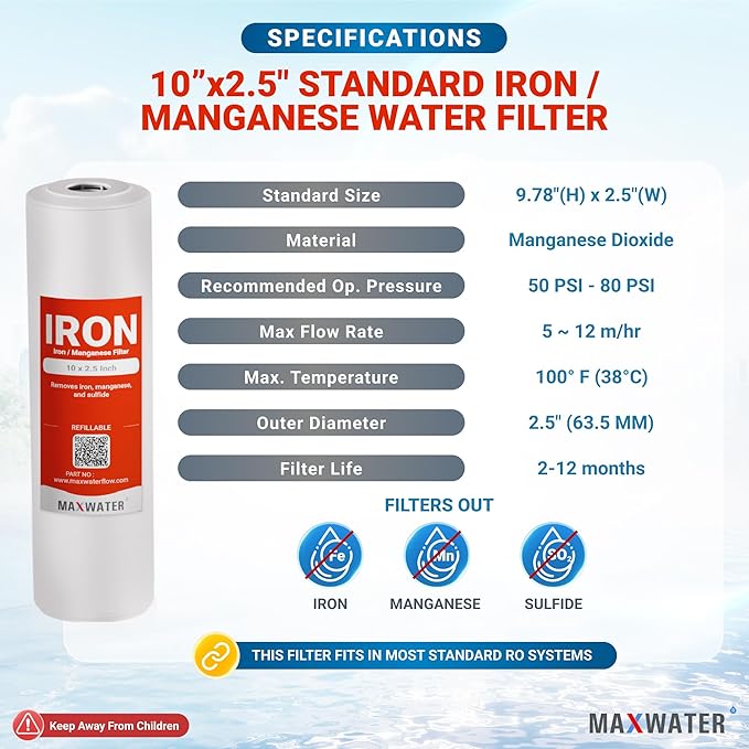 Max Water 10" 1-Stage Iron/Manganese Whole House Water Filter System, Clear Filter Housing, Reduces Dissolved Irons in Water Supply - Good for Whole House/Cottage Water