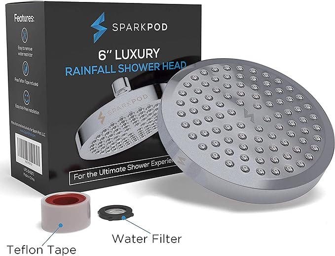SparkPod Shower Head - High Pressure Rain - Premium Quality Luxury Design - 1-Min Install - Easy Clean Adjustable Replacement for Your Bathroom Shower Heads (Charcoal Grey, 6 Inch Round)