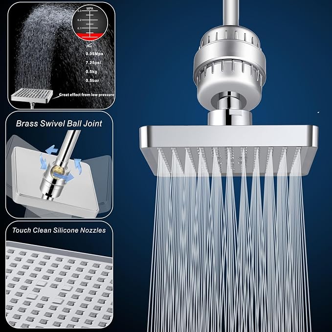 Voolan Filtered Shower Head Set, High Pressure Rain Shower with Handheld Showerhead Combo, Self-adhesive Holder/59" Hose, 20 Stage Filter Removes Chlorine and Harmful Substances (Square,Chrome)