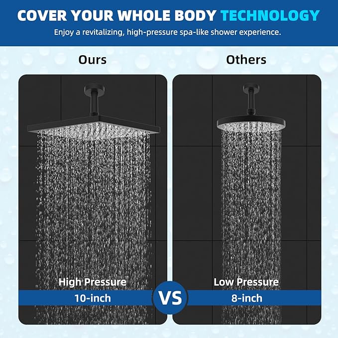 Hibbent Thickness Metal Rain Shower Head, 10 Inch High Pressure Rainfall Shower Head, Square Bathroom Waterfall Shower Heads, High Flow Fixed Showerheads with Adjustable Brass Ball Joint, Matte Black