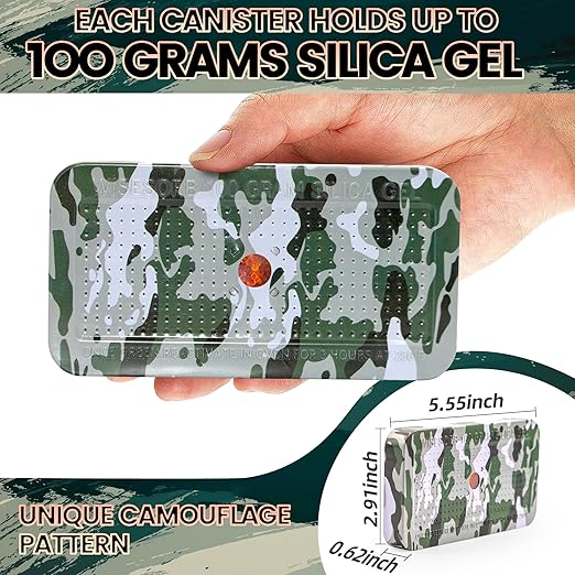100 Gram Camouflage Gun Safe Dehumidifier Silica Gel Canister Rechargeable Dehumidifier Desiccant Reusable Indicating Desiccant Moisture Absorber with Visible Window [3PACK]