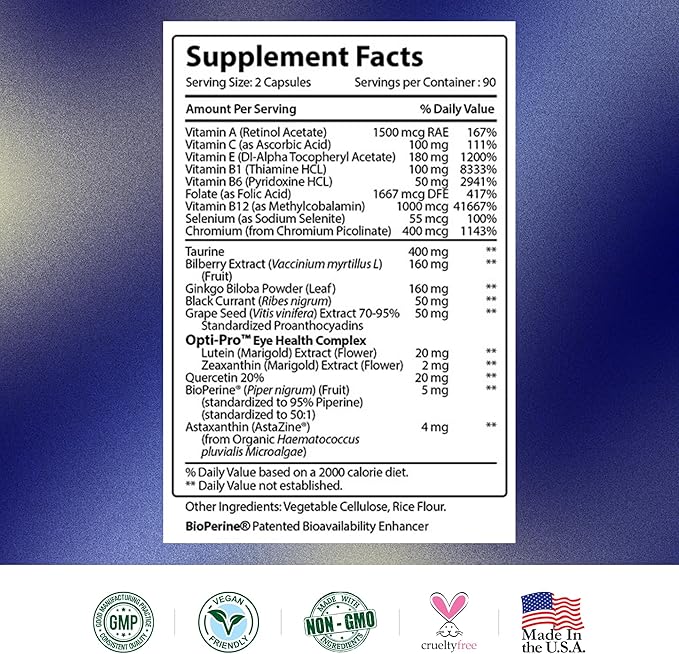Research Verified Eye Health - Nourish and Protect Eyes and Vision, Support Healthy Retina, Improve Blood Supply to Eyes - Vitamins A, B, C, and E - 360 Capsules - 6 Month Supply - Made in The USA