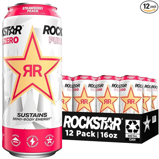 Rockstar Pure Zero Energy Drink, Strawberry Peach, 0 Sugar, with Caffeine and Taurine, 16oz Cans (12 Pack)