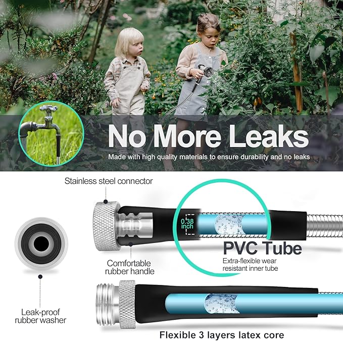 175ft 304 Stainless Steel Garden Hose Metal, Heavy Duty Water Pipe with Nozzles for Yard, Outdoor - Flexible, Never Kink & Tangle, Puncture Resistant (Sliver)