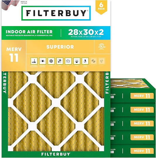 Filterbuy 28x30x2 Air Filter MERV 11 (MPR 1200) Allergen Defense Replacement (6-Pack), Electrostatic Pleated HVAC AC Furnace Filters, Made in USA (Actual Size: 27.75 x 29.75 x 1.75)