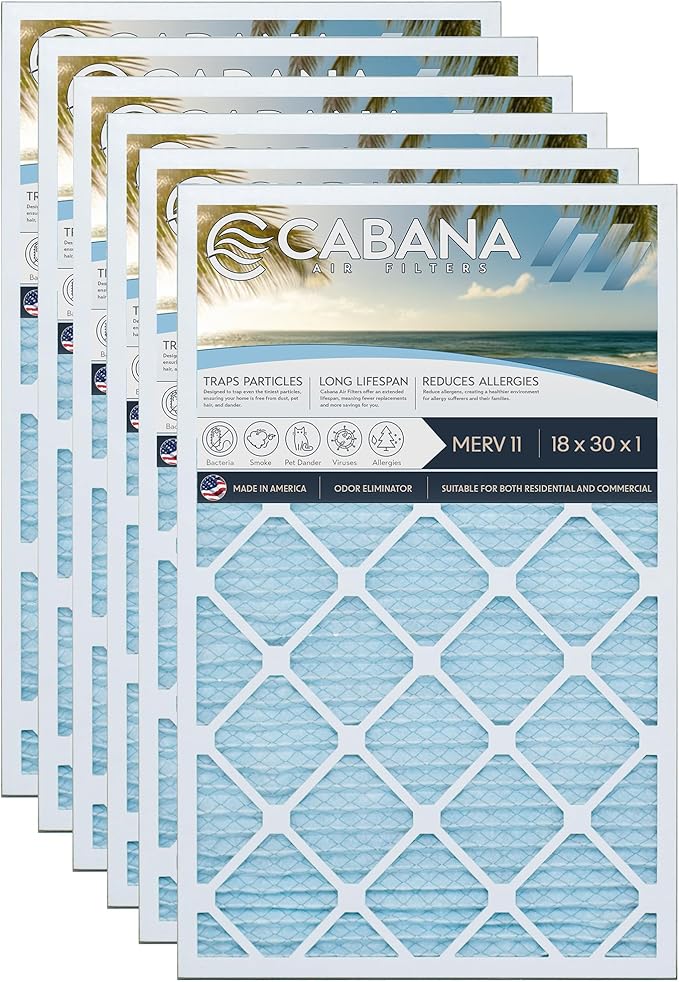 Cabana Filters 18x30x1 AC Furnace Air Filter, Merv 11 Capture Unwanted Particles, Pleated Furnace Filter HVAC AC Filters - Made in the USA - 6 Pack