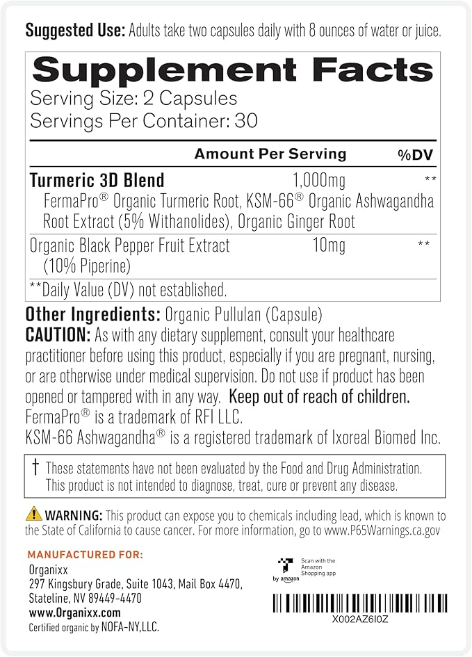 Organixx USDA Organic Turmeric Curcumin Supplement with Ashwagandha, Turmeric & Ginger – Immune & Joint Support, Fermented for Maximum Bioavailability, 60 Vegetarian Capsules