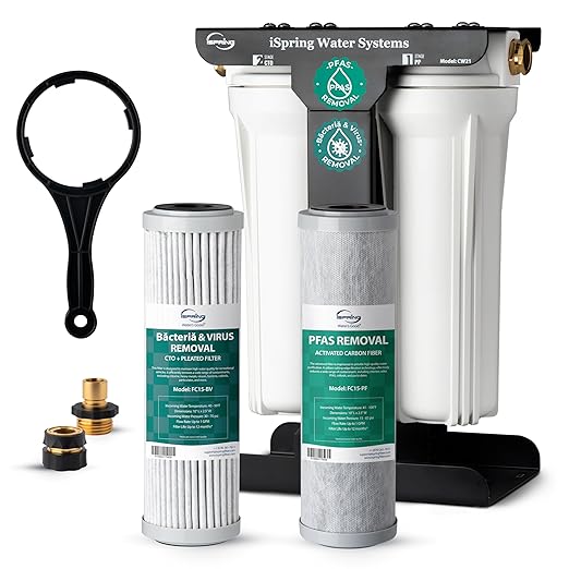 iSpring RV Water Filter System, SGS-Tested PFAS, Báctérïa & Viruses Removal, Reduces Chlorine, Sediments, and Odor, High Capacity Tankless Design, Lead-Free Brass Quick Connectors(Model: CW21-PFBV)