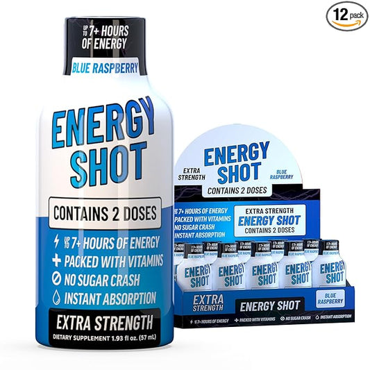 Energy Shot – 2 Servings – 100% DV B-Vitamins & 130mg Plant-Based Caffeine – Zero Calories, Sugar-Free, Vegan, Non-GMO – Energy & Productivity Support (1.93 Fl Oz (Pack of 10), Blue Raspberry)