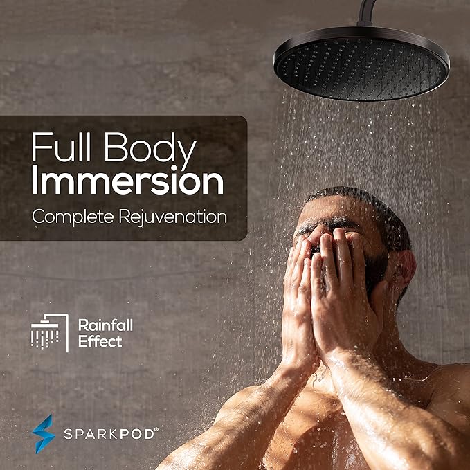 SparkPod 10 Inch Round Rain Shower Head - Ceiling or Wall Mount Rainfall Shower Head - Large Coverage Showerhead - Brass Ball Joint with 360° Adjustment - 1-Min Install (Vintage Oil Rubbed Bronze)
