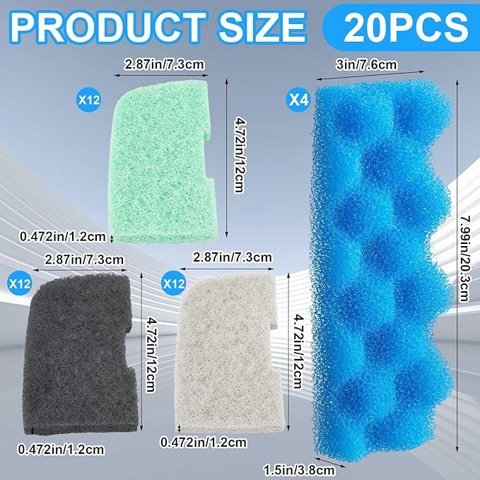 20 Pcs Aquarium Filters Replacement Filter Media Kits Compatible with Fluval 306/307, Including 2 Biological Foams, 6 Ammonia / 6 Phosphate / 6 Nitrite Remover