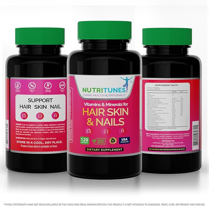 Hair Skin and Nail Vitamins–Biotin & Collagen Formula with B Vitamins, Zinc & Selenium – Promotes Hair Strength, Skin Hydration & Nail Health – 120 Softgels