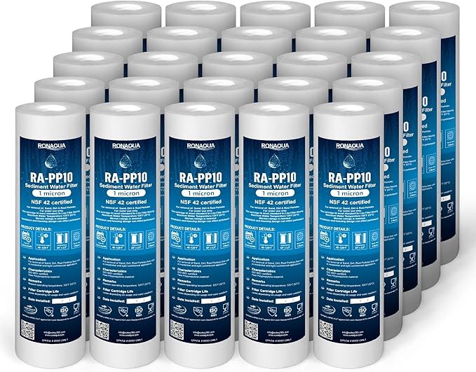 Ronaqua 1 Micron Sediment Water Filter Cartridge 10"x2.5", NSF Certified, 4-Layer Filtration for any 10-inch RO Units & Whole House Systems, Compatible with Culligan P5, AP110, WHKF-GD05, 2 Pack