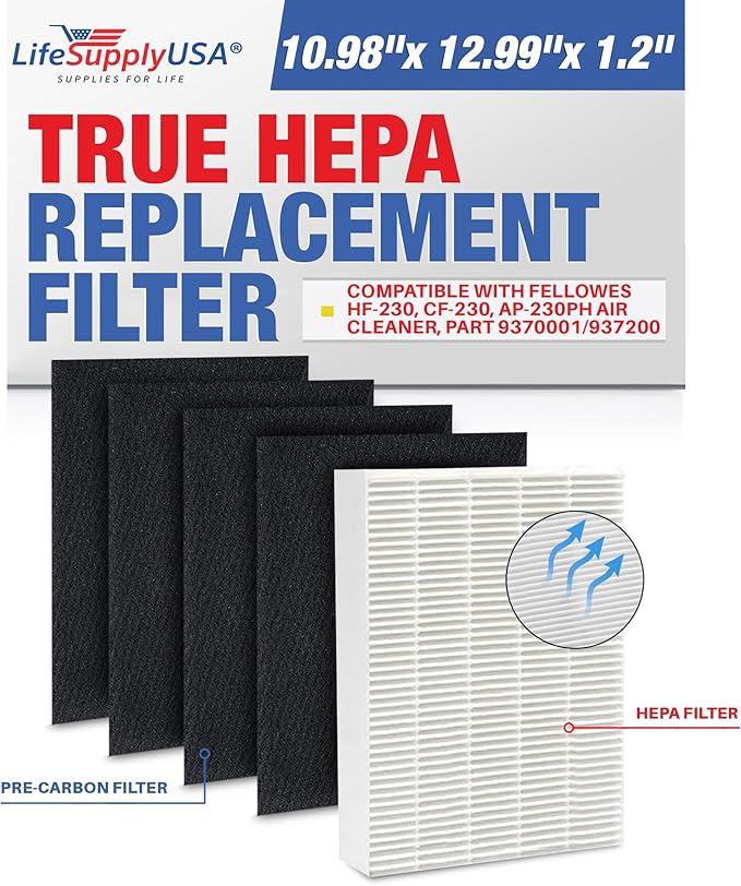 LifeSupplyUSA Complete Replacement Filter Set (1 True HEPA Filter + 4 Carbon Filters) Compatible with Fellowes HF-230, CF-230, AP-230PH, Part 9370001/9372001 Air Purifiers
