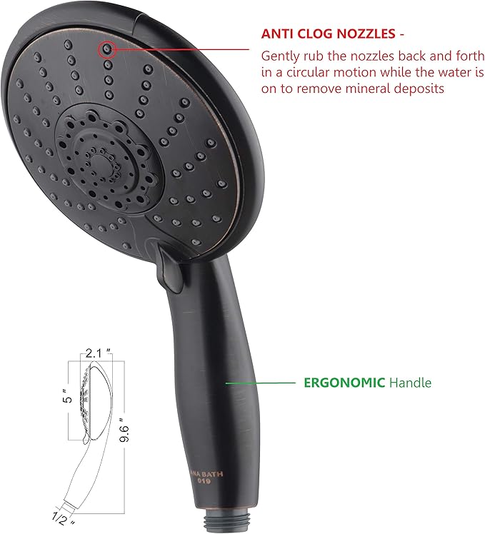 Anti-Clog High Pressure Large Oil Rubbed Bronze Dual Shower Head 5-inch 5-Settings Shower Head with Handheld Spray Combo + 5 Foot Stainless Steel Shower Hose w/ BRASS connectors