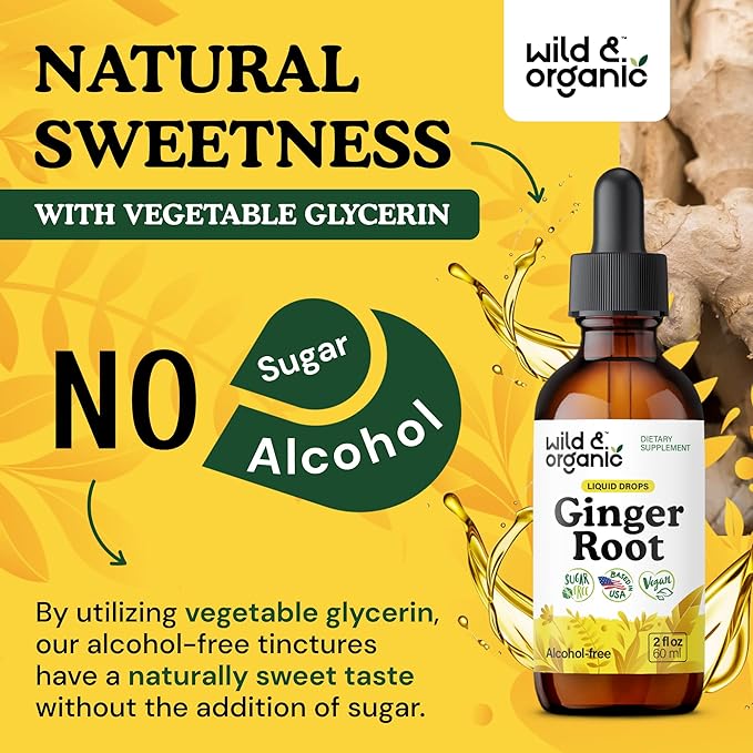 Wild & Organic Ginger Extract Liquid Drops - Immune & Digestive Support - Liquid Ginger Root Supplement - Vegan, Sugar & Alcohol-Free Tincture - 2 fl oz
