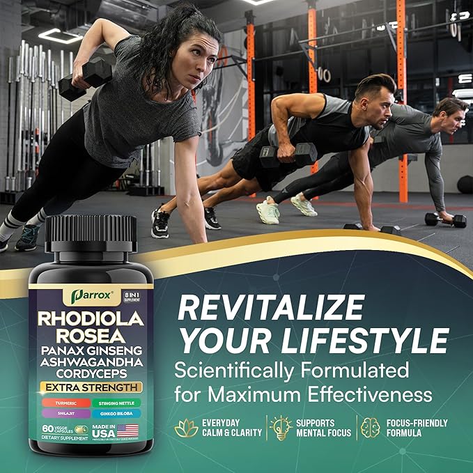 Rhodiola Rosea Panax Ginseng Ashwagandha Cordyceps Mushroom Turmeric Ginkgo Biloba Stinging Nettle Adaptogen Blend Supplement Capsules for Daily Wellness Support – 60 Capsules