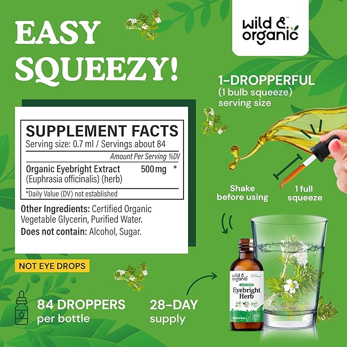 Wild & Organic Eyebright Herb Tincture - Eye Support with Eyebright Supplement - Dietary Euphrasia Extract Liquid Drops - Vegan, Sugar Alcohol-Free - 2 fl oz
