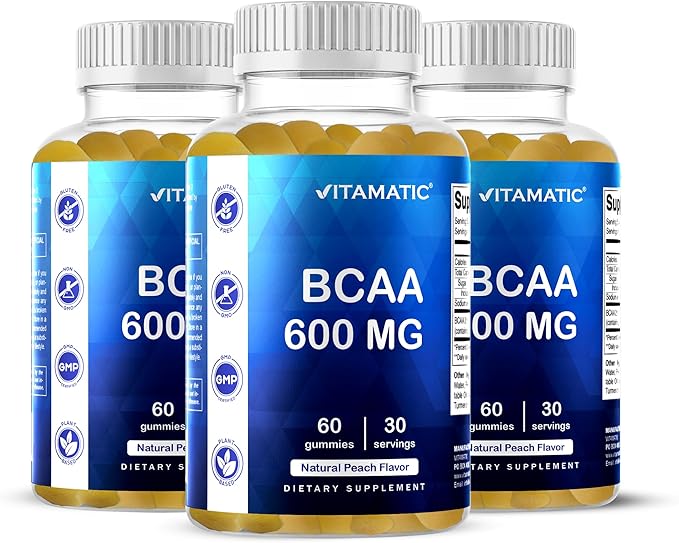 Vitamatic BCAA Gummies - Branch Chain Amino Acid Supplements - Peach Flavor - 600mg per Serving - 60 Vegan Pectin Based Gummies (3 Bottles)