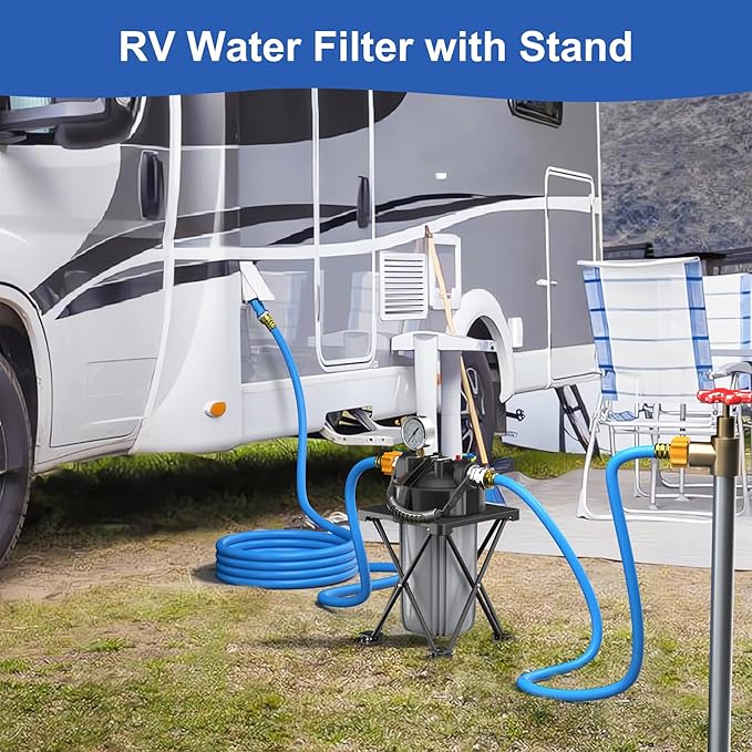6-Layer RV Water Filter with Stand and 0.5 Micron Filtration, 3/4" GHT Metal Threads Garden Hose Water Filter, Reduces Sediments, Chlorine, VOCs, Heavy Metals, Bad Taste, Odor, and More