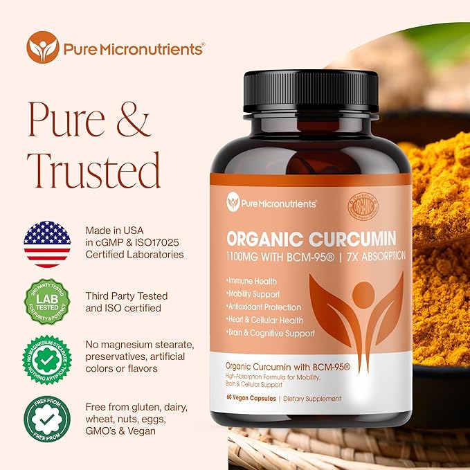 Organic Turmeric Curcumin with Black Pepper & BCM-95 - for Inflammatory Support, Brain & Immune Health - 60 Vegan Turmeric Capsules, 1000mg Per Serve - Herbal Curcumin Supplements