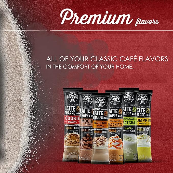 The Frozen Bean - Hazelnut Frappe & Latte Instant Mix with Arabica Coffee, Double Caffiene, Low Sugar - for Hot, Iced, or Frappuccino-Style Blended Drinks - (20) 0.53oz Single Serve Sticks