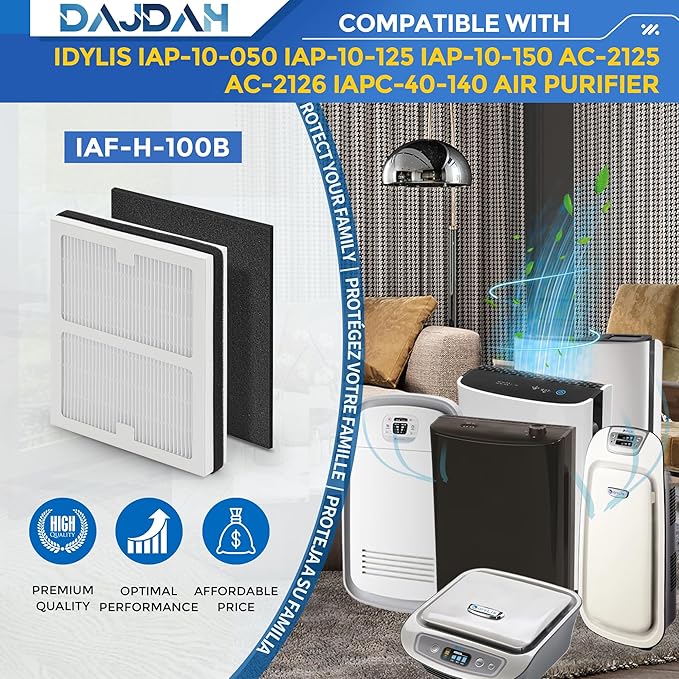 Idylis Air Purifier Replacement Filter B for Idylis Air Purifier IAP-10-050 IAP-10-125 IAP-10-150 AC-2125 AC-2126 IAPC-40-140 and Filtrete with Idylis Filters IAF-H-100B, 4 HEPA & 8 Carbon Pre-filter