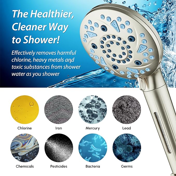 AquaCare High Pressure 6-way Dual Shower Head Combo with Built-in Filter & Power Wash - Clean Tub, Tile & Pets. Remove Chlorine, Lead & Toxins from Water to Protect Skin, Hair, & Nails. Nickel Finish