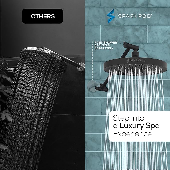 SparkPod Round Rain Shower Head with Shower Head Extension Arm - High Pressure Rain - Luxury Modern Look - No Hassle Tool-less 1-Min Installation (11" Shower Arm Extension, Midnight Black Matte)