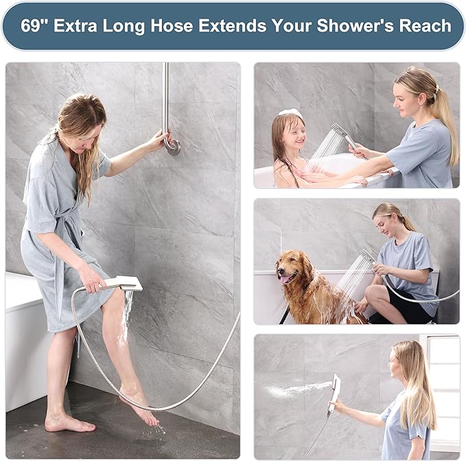 BRIGHT SHOWERS High Pressure Rain Shower Head Combo with Double Extension Arm, 8 Inch Rainfall Shower Head with Handheld Spray, Height Adjustable Dual Square Showerhead Set, Brushed Nickel