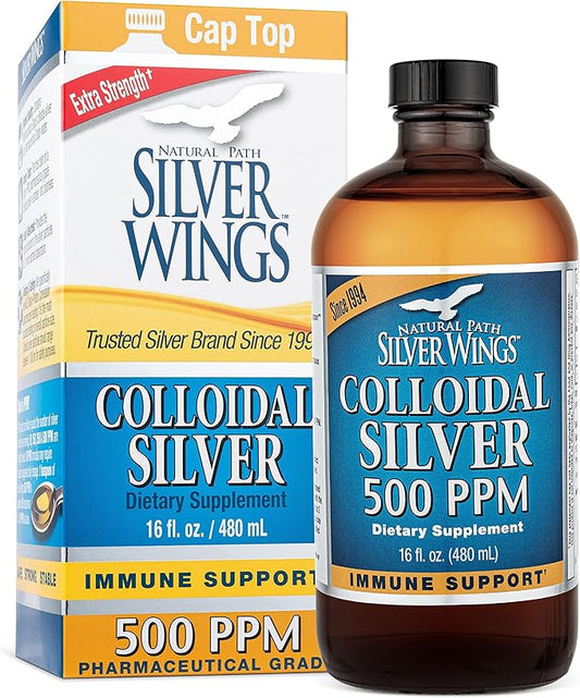 Natural Path Silver Wings Colloidal Silver 500ppm (2,500mcg) Immune Support Supplement 16 fl. oz.