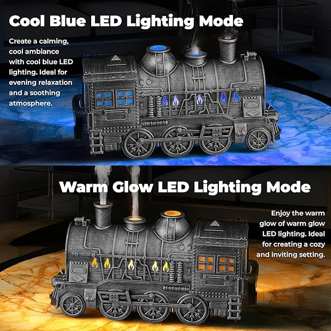 OMEO Silver Small Train Aromatherapy Humidifier & Essential Oil Diffuser - Dual Mist, Quiet Ultrasonic, 300ML Tank, Remote Control, LED Light, Air Purifier for Home, Office, and Bedroom Use