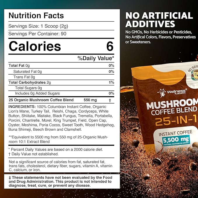 Mushroom Coffee Organic Instant Coffee, 25-in-1, Third-Party Tested Keto Friendly Lions Mane Supplement with Functional Mushrooms – Shiitake, Reishi, Lion’s Mane & More | Smooth, Rich Flavor - 90 Servings