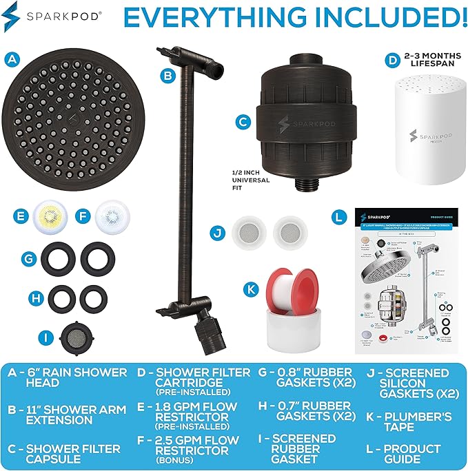 SparkPod 6" High Pressure Rain Shower Head with 23 Stage Filter Capsule & 11 Inch Adjustable Shower Arm Extension - Shower Filter Reduces Chlorine for Smoother Hair & Skin (Round, Oil-Rubbed Bronze)