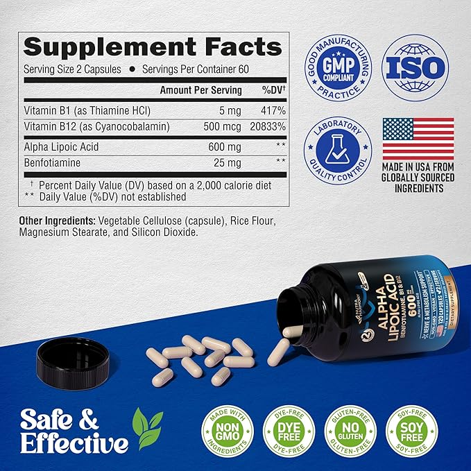Alpha Lipoic Acid 600mg - ALA Supplement Antioxidant for Nerve, Energy & Metabolism Support - Extra Strength with Benfotiamine, B1 & B12 - Lab Tested, Non-GMO & Vegan - 120 Capsules, 2 Month Supply