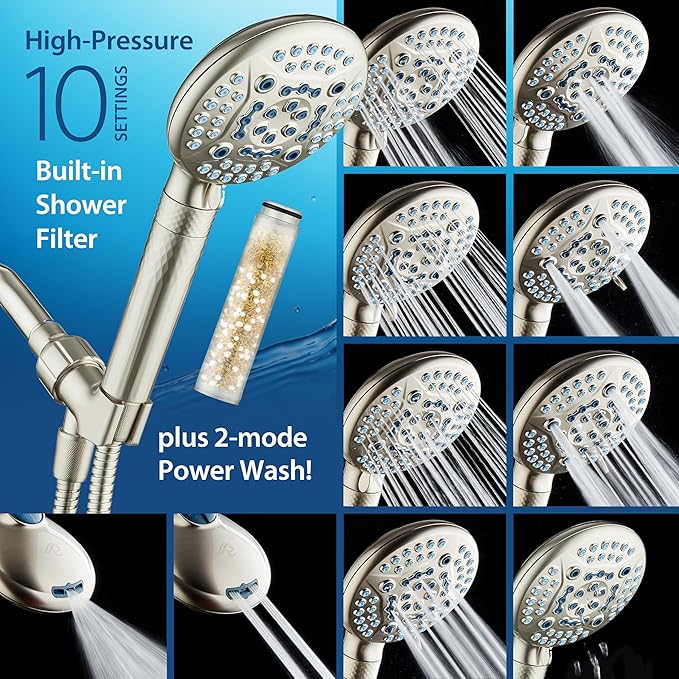 AquaCare 4X High Pressure 10-mode Filter Handheld Shower Head with Dual Power Wash - Clean Tub, Tile & Pets, Remove Chlorine, Metals & Toxins from Water to Protect Skin, Hair & Nails. Nickel Finish