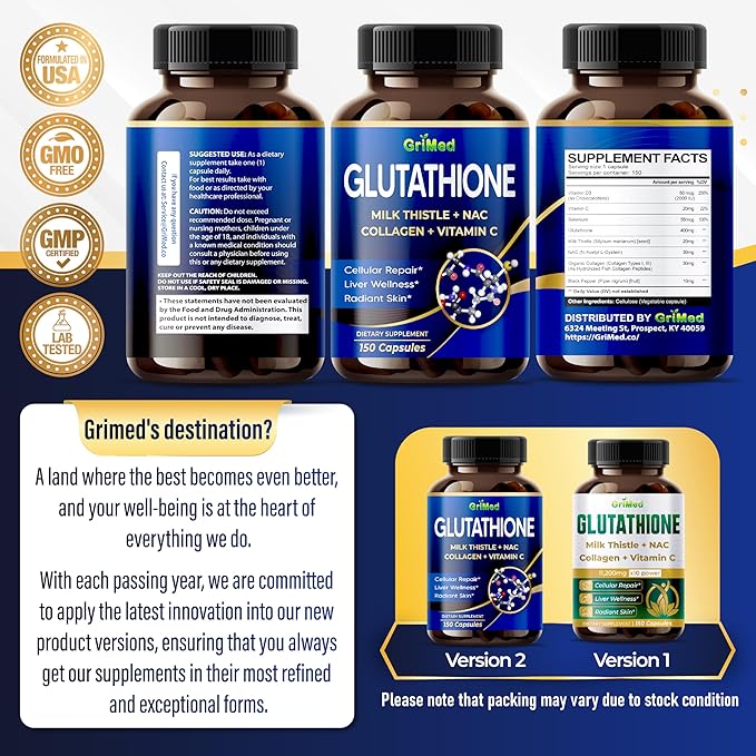 GriMed Glutathione 11,200mg - X10 Power with Milk Thistle, NAC, Collagen, Vitamin C - Cellular Wellness, Radiant Skin - USA Made & Tested (150 Count (Pack of 1))