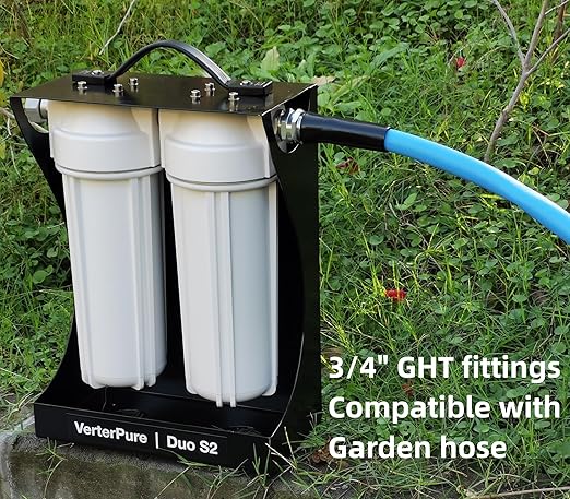 Duo S2 External 2-Stage RV Fresh Water Filter System, High Flow, NSF Housings, 3/4" GHT Stainless Steel Fittings, Reduce Sediment, Chlorine, Odor, Heavy Duty Free-Standing Chassis, White