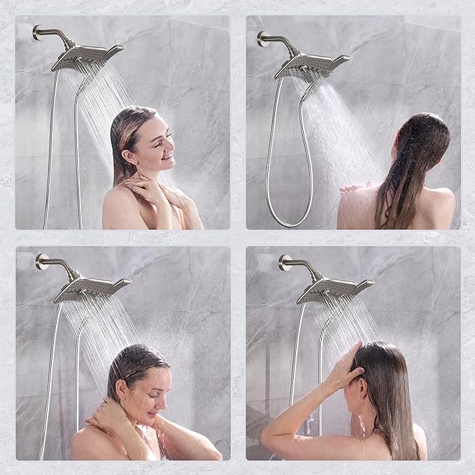 BRIGHT SHOWERS High Pressure Brushed Nickel Shower Heads Combo with Two Spray Setting Fixed Shower Head and Two Spray Settings Handheld Shower Head with Grey Face