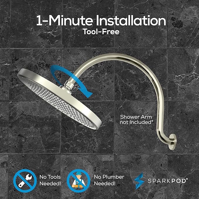 SparkPod 10 Inch Round Rain Shower Head - Ceiling or Wall Mount Rainfall Shower Head - Large Coverage Showerhead - Brass Ball Joint with 360° Adjustment - 1-Min Install (Elegant Brushed Nickel)
