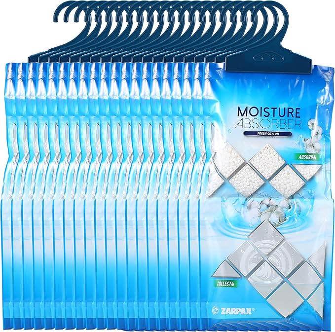 Hanging Moisture Absorber Fresh Cotton 10.6 oz/300g | Moisture Absorbing Bags for Bathroom, Closet, Kitchen & Vehicles | Removes Moisture, Humidity & Odors | Portable Dehumidifier | Set Of 20