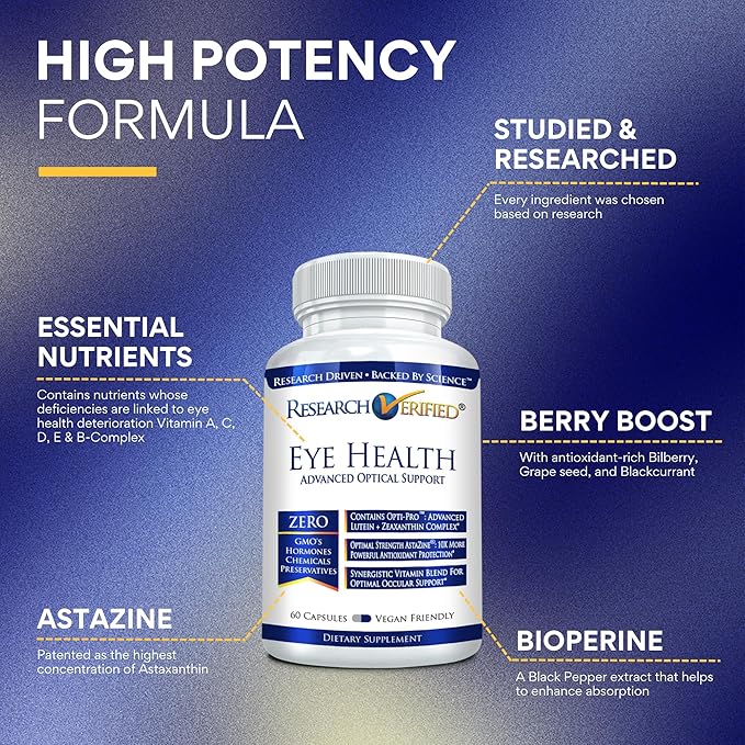 Research Verified Eye Health - Nourish and Protect Eyes and Vision, Support Healthy Retina, Improve Blood Supply to Eyes - Vitamins A, B, C, and E - 360 Capsules - 6 Month Supply - Made in The USA