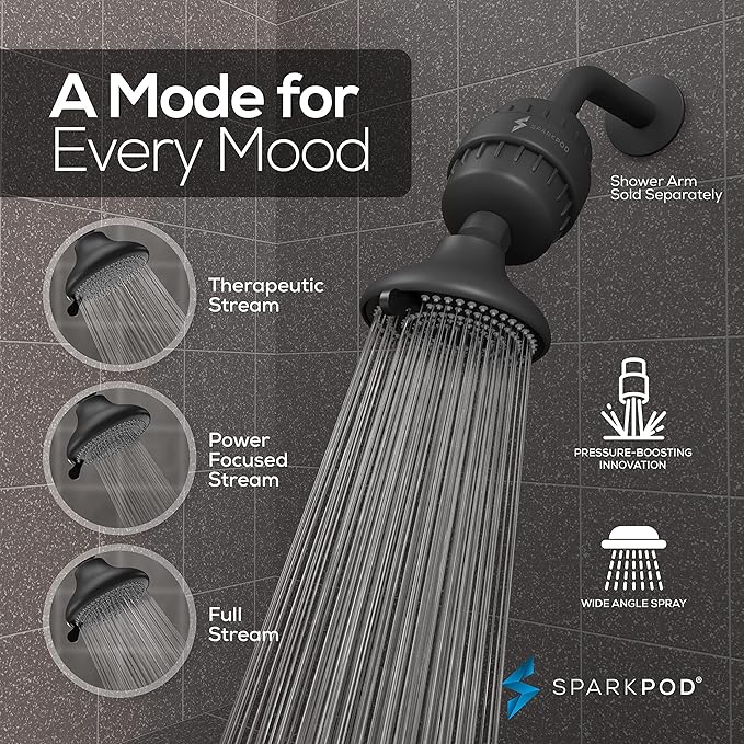 SparkPod 23-Stage Filtered Shower Head with 3 Spray Settings - High Pressure Shower Head with Filters for Dry Hair and Skin - Showerhead with Filter Reduces Chlorine & Heavy Metals (Black Matte)