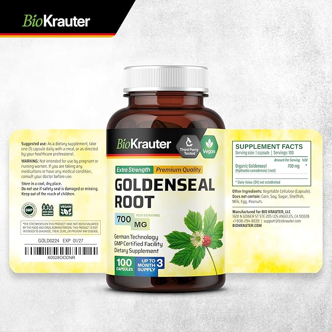 BIO KRAUTER Goldenseal Root Capsule 700 mg - 100 Golden Seal Powder Caps - Respiratory & Digestive Support - Vegan, No Fillers