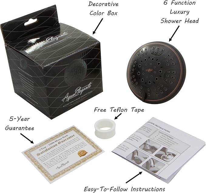 6 Function Adjustable Luxury Shower Head - High Pressure Boosting, Wall Mount, Bathroom Showerhead For Low Flow Showers, 2.5 GPM - Oil-Rubbed Bronze