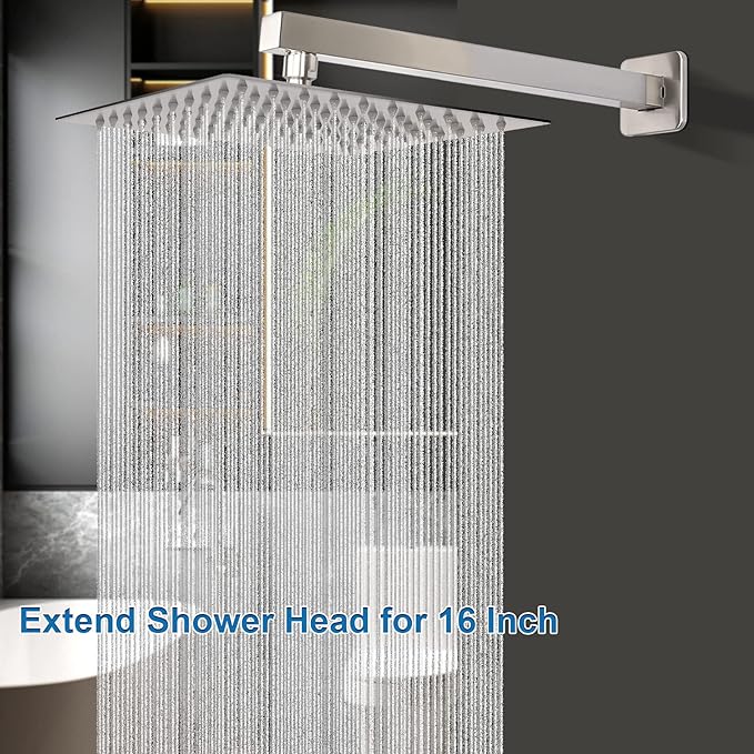 HarJue Shower Head with Extension Arm, High Pressure Square with ShowerArm, Stainless Steel Rainfall-Waterfall Full Body Coverage (10'' Shower with 16'' Arm, Brushed Nickel)