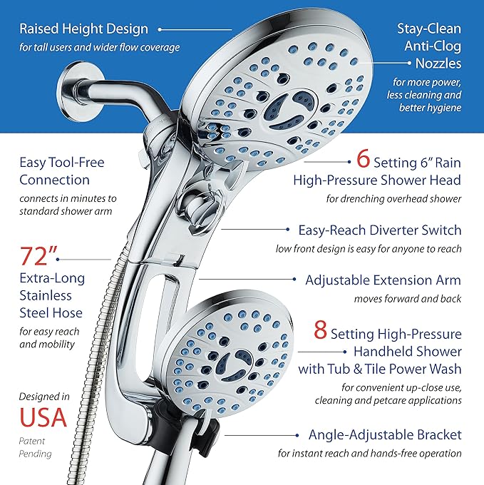 Hotel Spa AquaCare for California As-Seen-On-TV High Pressure Handheld Rain 50-mode 3-way Shower Head Combo with Adjustable Arm, Anti-clog Jets, Tub & Pet Power Wash, 6 ft. Stainless Steel Hose
