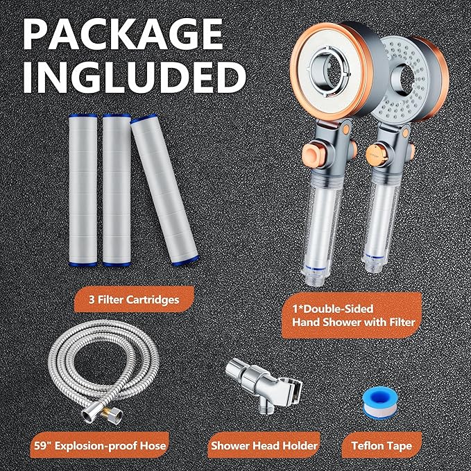 Filtered Shower Head with Handheld Spray for Skin and Hair Care, High Pressure 3 Modes Turbo Showerhead with Filters for Hard Water, 59" On Leaks Shower Hose, ON/OFF Button, Adjustable Flow
