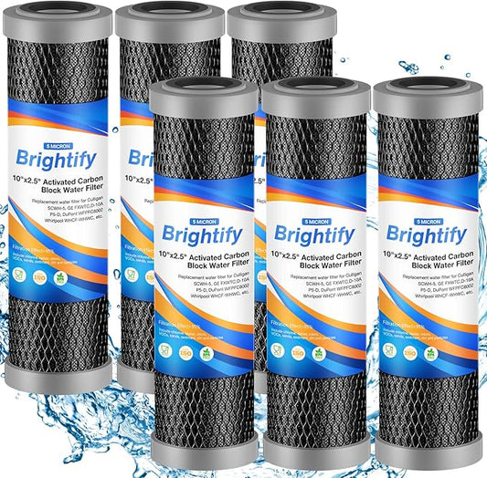 Brightify 10"x2.5" 5 Micron Carbon Water Filter, Whole House Carbon CTO Water Filter Cartridge Replacement Fits Culligan D-10A, P5-D, DuPont WFPFC8002, SCWH-5, GE FXWTC, Whirlpool WHCF-WHWC, 6 Pack